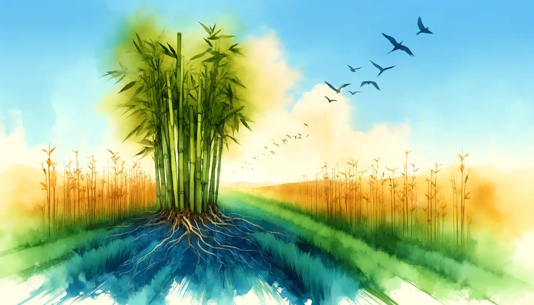 accogliere il cambiamento un paesaggio aperto e luminoso dove un campo di canne di bambù fiorisce sotto un cielo azzurro sereno. Al centro, una canna di bambù si eleva, raggiante e robusta, simboleggiando la resilienza e la crescita. Le sue radici sono ben salde e nutrite, rappresentando una fondazione solida. Il cielo è vivace e pieno di uccelli che volano liberamente, simboleggiando le infinite possibilità che il cambiamento porta. Il paesaggio è pervaso da una luce calda e invitante, ispirando una sensazione di fiducia e benessere